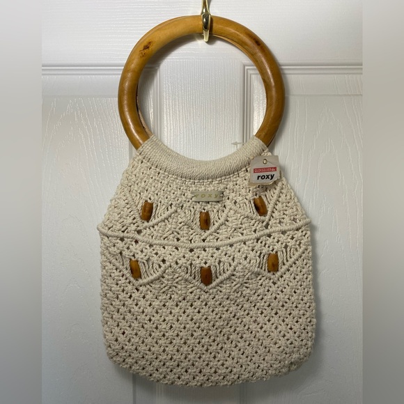 Roxy Handbags - Roxy NWT Macrame Wood Handle Floral int Womens purse-Cream